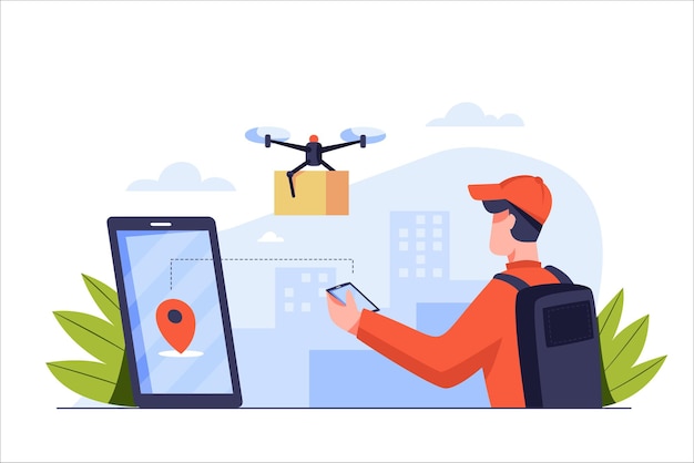 Vecteur gratuit livraison par drone services d'expédition en ligne suivi de commande en ligne livraison à domicile et au bureau courrier par drone colis envoyé aux broches de localisation sur téléphone portable par le livreur