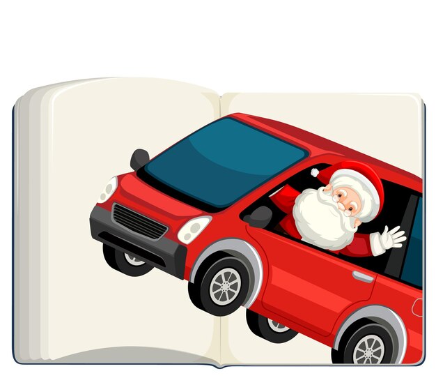 Livre blanc ouvert avec le Père Noël en voiture