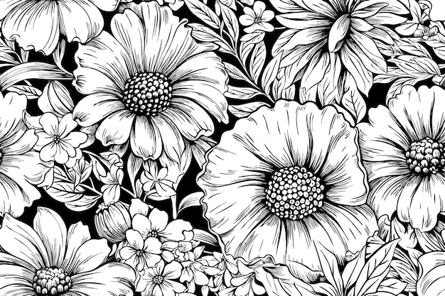 Vecteur gratuit livre de coloriage fond organique irrégulier floral noir et blanc