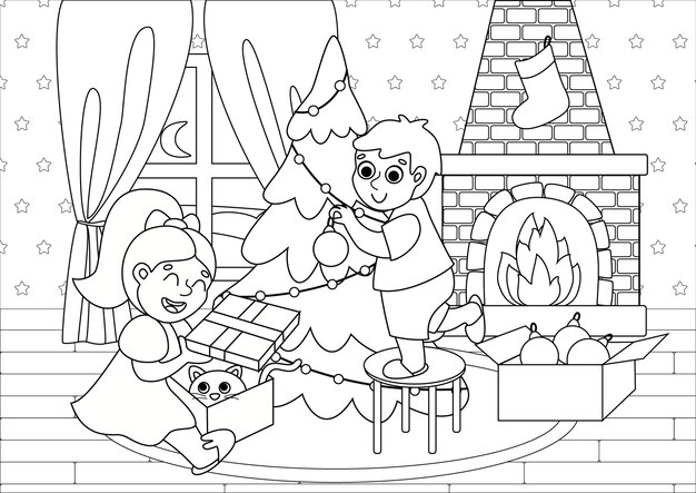 un petit garcon sort les jouets de noel d une boite personnage du nouvel an en style cartoon vecteur premium coeur coloriage