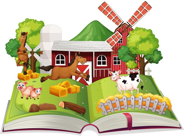 Vecteur gratuit livre de contes avec des animaux de la ferme à la ferme