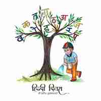 Vecteur gratuit livre hindi diwas hindi indien sur fond d'alphabets d'arbres ou de mots