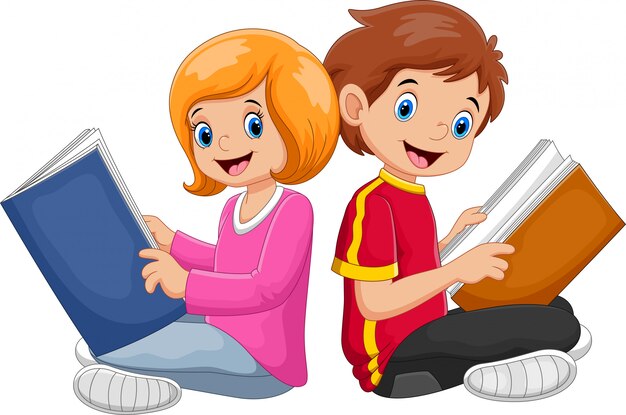 Livre De Lecture Garcon Et Fille Vecteur Premium