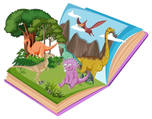 Vecteur gratuit livre pop-up avec scène de nature en plein air et dinosaure