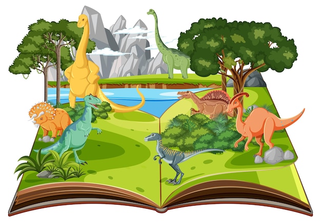 Vecteur gratuit livre pop-up avec scène de nature en plein air et dinosaure