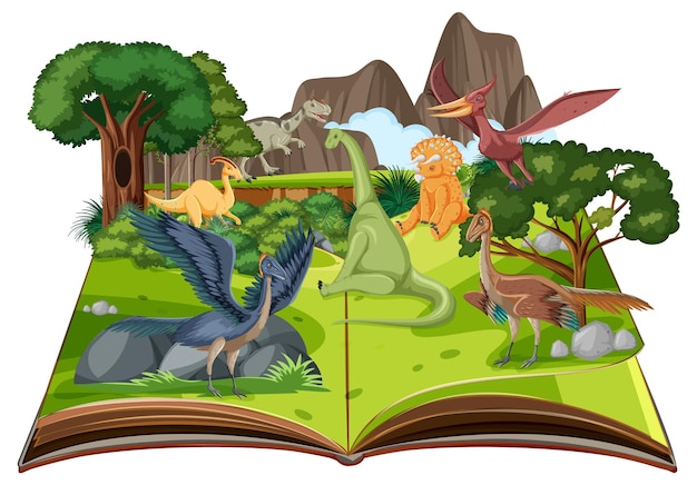 Vecteur gratuit livre pop-up avec scène de nature en plein air et dinosaure