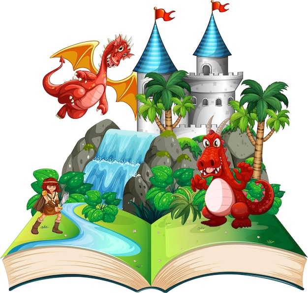 Vecteur gratuit livre avec scène de dragon et chevalier