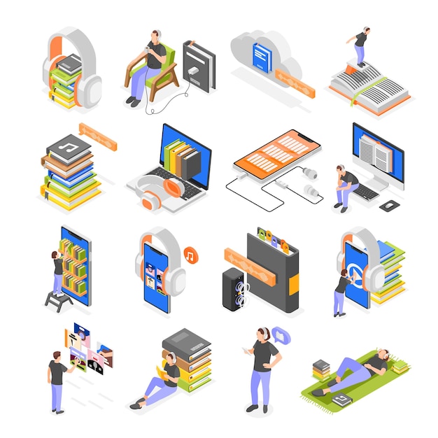 Livres audio ensemble d'icônes isométriques avec des images de gadgets isolés et des piles de livres de bibliothèque illustration vectorielle