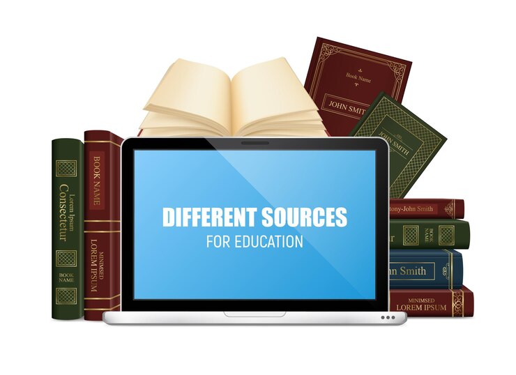 Vecteur gratuit livres d'éducation à couverture rigide et ordinateur portable avec lettrage sur écran bleu 3d