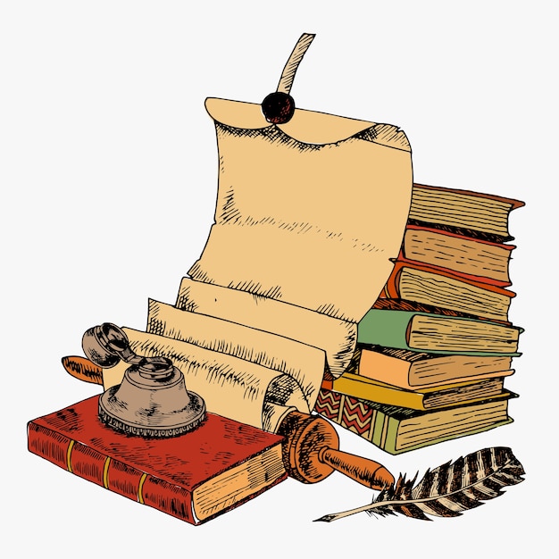 Livres Vintage avec papier plume de défilement et pot d&#39;encre croquis coloré concept décoratif illustration vectorielle