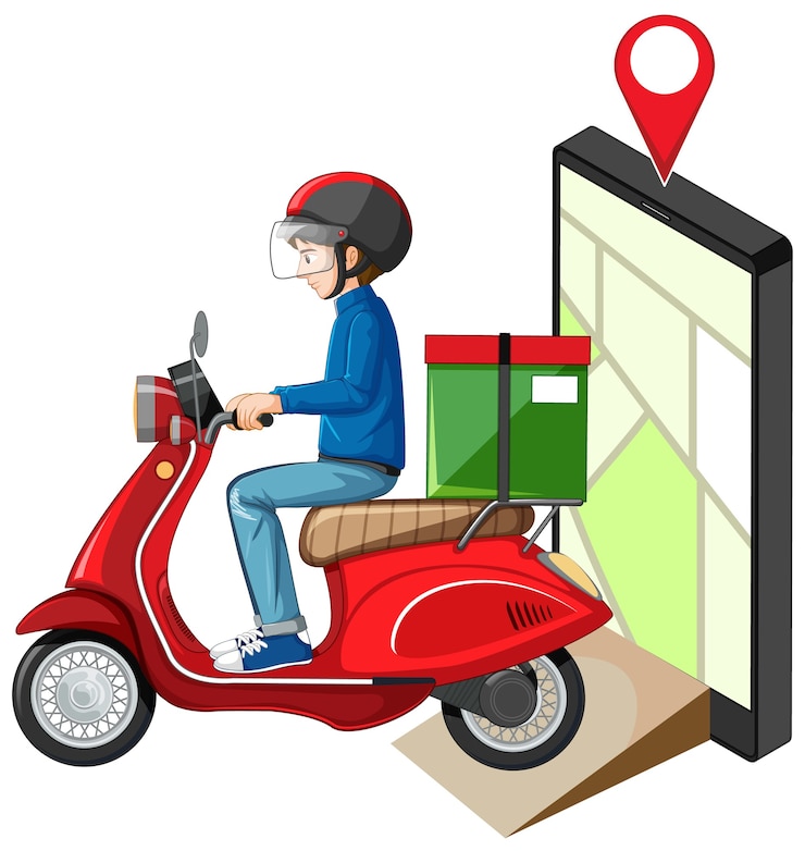 Vecteur gratuit livreur de plongée moto ou moto avec écran de carte sur tablette