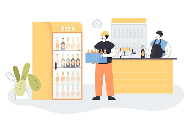 Livreur Tenant Une Caisse De Bière Fraîche En Magasin. Courrier Transportant Une Boîte Avec Des Bouteilles De Boisson Alcoolisée, Homme Au Comptoir Illustration Vectorielle Plane. Alcool, Concept De Livraison Pour Bannière Ou Page Web De Destination