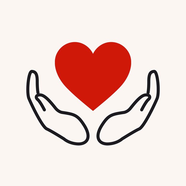 Logo de charité, mains soutenant l'icône de coeur design plat illustration vectorielle