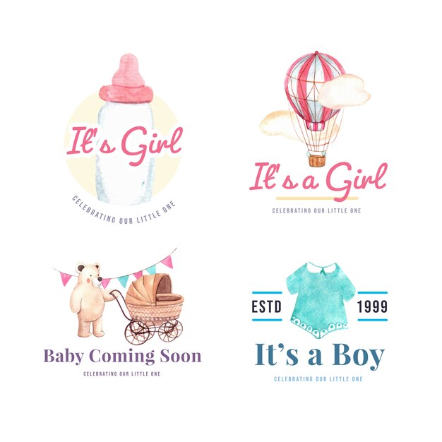 Logo Avec Concept De Design De Douche De Bebe Pour La Marque Et Le Marketing Illustration Vectorielle Aquarelle Vecteur Gratuite