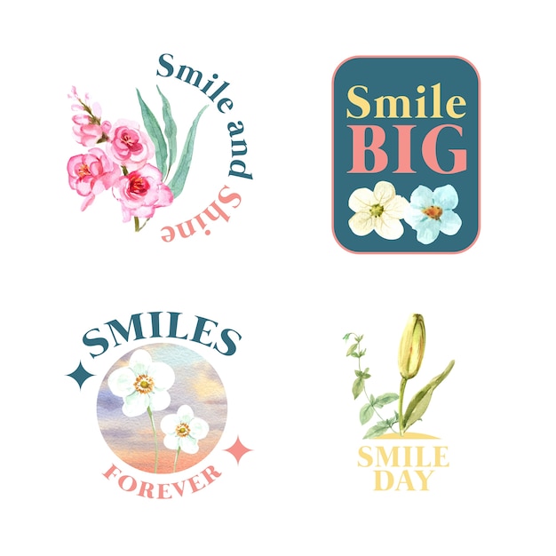 Logo Avec Conception De Bouquet De Fleurs Pour Le Concept De La Journée Mondiale Du Sourire à La Marque Et Au Marketing Illustraion De Vecteur Aquarelle.