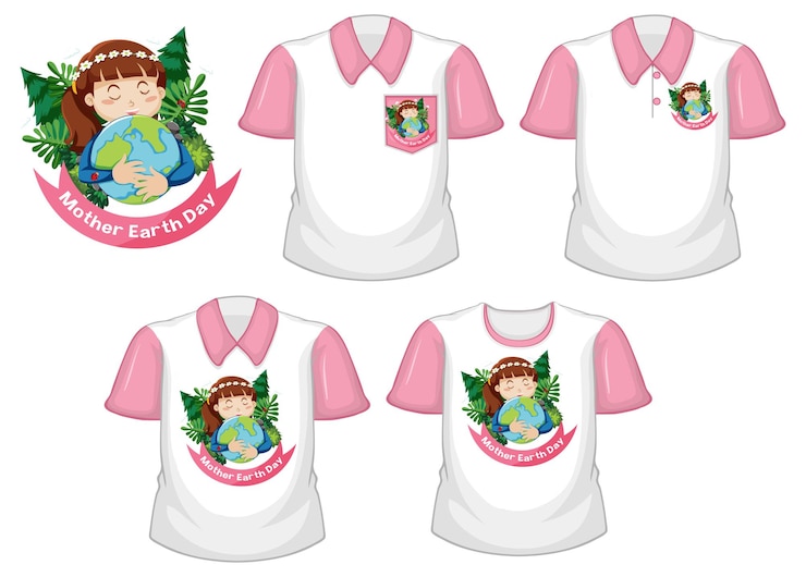 Vecteur gratuit logo de la fête de la terre mère et ensemble de différentes chemises blanches à manches courtes roses isolé sur blanc