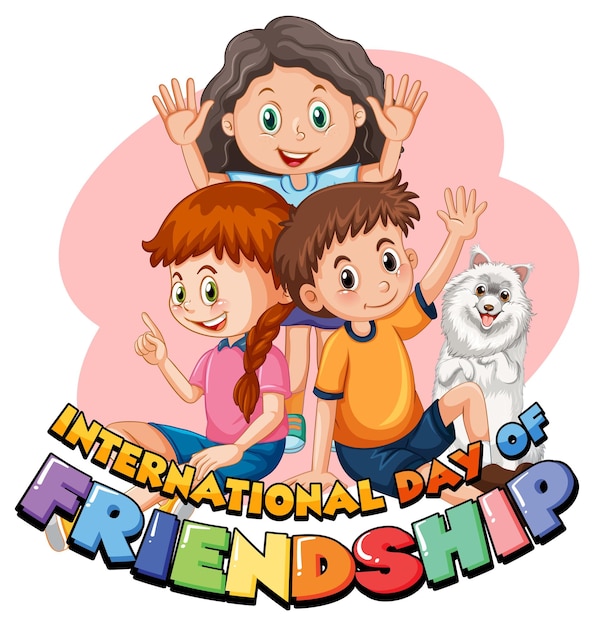 Vecteur gratuit logo de la journée internationale de l'amitié avec des enfants et des chiens