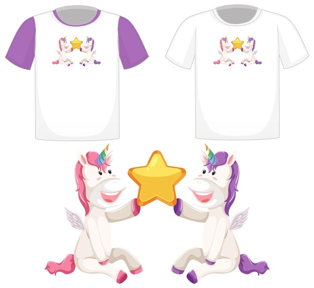 Logo de licorne mignon sur différentes chemises blanches isolées