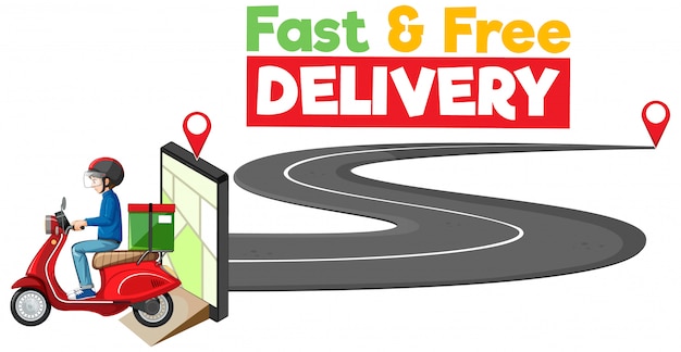 Vecteur gratuit logo de livraison rapide et gratuit avec un homme à vélo ou un courrier