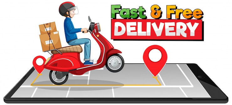 Vecteur gratuit logo de livraison rapide et gratuit avec un homme à vélo ou un courrier