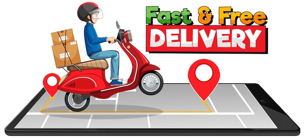 Logo de livraison rapide et gratuit avec un homme à vélo ou un courrier