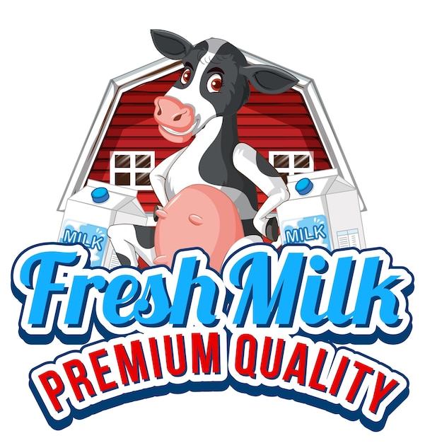 Logo De Mot De Lait Frais Avec Un Dessin Animé De Vache Laitière