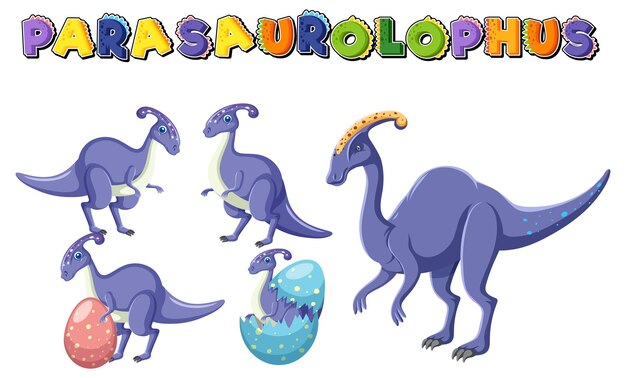 Logo de mot Parasaurolophus avec personnage de dessin animé de dinosaure