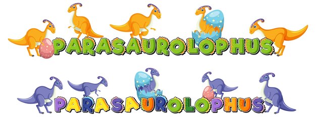 Logo de mot Parasaurolophus avec personnage de dessin animé de dinosaure