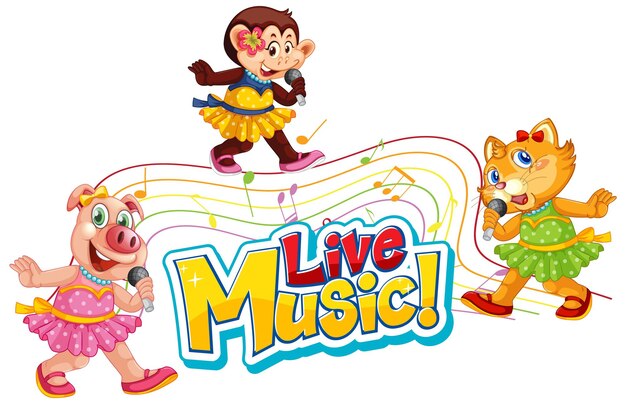 Logo de musique en direct avec des animaux mignons chantant des personnages de dessins animés