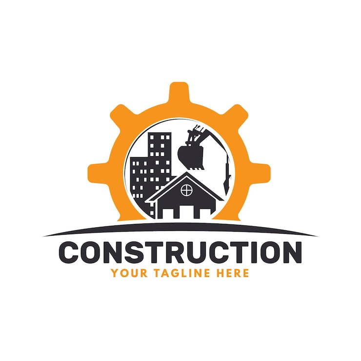 Vecteur gratuit logo de pelle et de construction avec des bâtiments