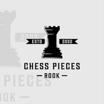 Logo de pièce d'échecs et de tour vintage vector illustration modèle icône design graphique. signe ou symbole rétro du château pour un tournoi ou un club d'échecs
