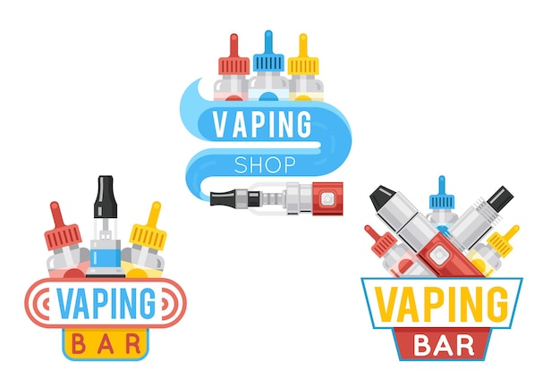 Vecteur gratuit logo plat de barre de vapeur et étiquette plate de magasin de vape ou ensemble d'emblème de magasin d'e-cigarette.