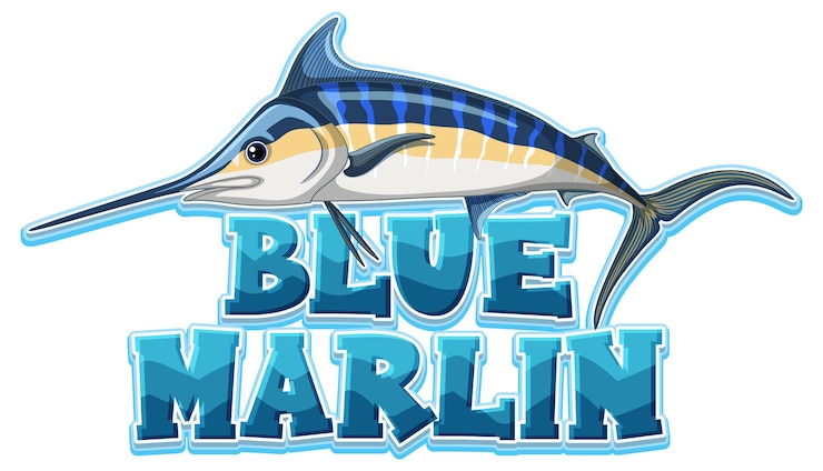 Vecteur gratuit logo de poisson marlin bleu avec caractère en carton