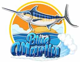Vecteur gratuit logo de poisson marlin bleu avec caractère en carton