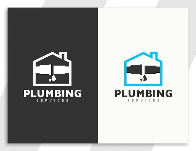 Logo des services de plomberie avec illustration de la maison, des tuyaux et des gouttes d'eau