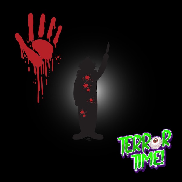 Vecteur gratuit logo terror time avec empreinte de main sanglante et silhouette de clown