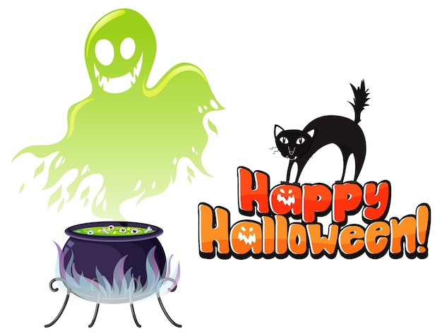 Logo De Texte Happy Halloween Avec Pot De Potion De Sorcière