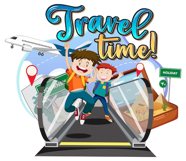 Vecteur gratuit logo de typographie travel time avec groupe de voyageurs