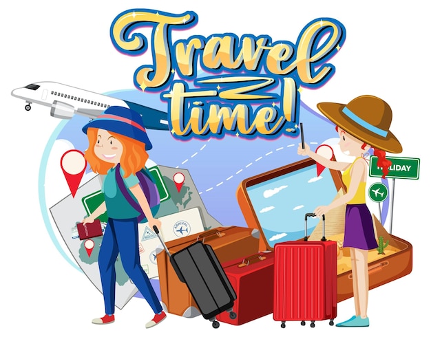 Vecteur gratuit logo de typographie travel time avec personnage de dessin animé de touristes