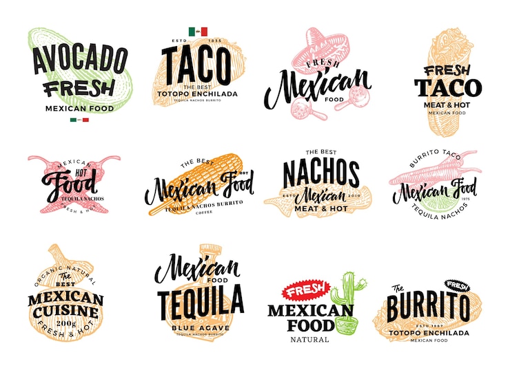 Vecteur gratuit logos de cuisine mexicaine dessinés à la main