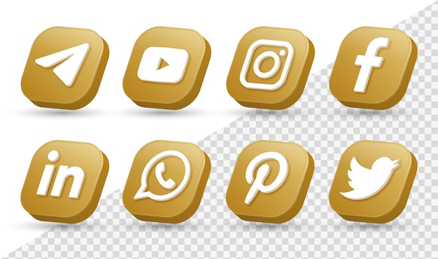 Logos d'icônes de médias sociaux 3d dans l'icône du logo de mise en réseau instagram de facebook carré doré moderne