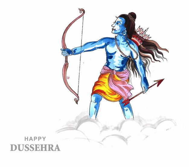 Lord rama avec une flèche tuant ravana sur fond de carte du festival navratri