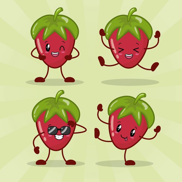 Vecteur gratuit lot de 4 fraises kawaii avec différentes expressions de bonheur