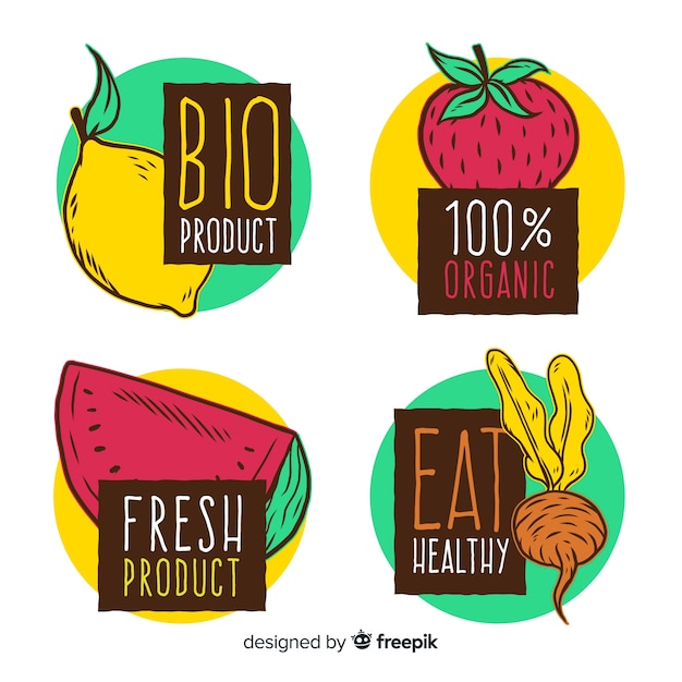 Vecteur gratuit lot d'étiquettes de fruits biologiques dessinés à la main