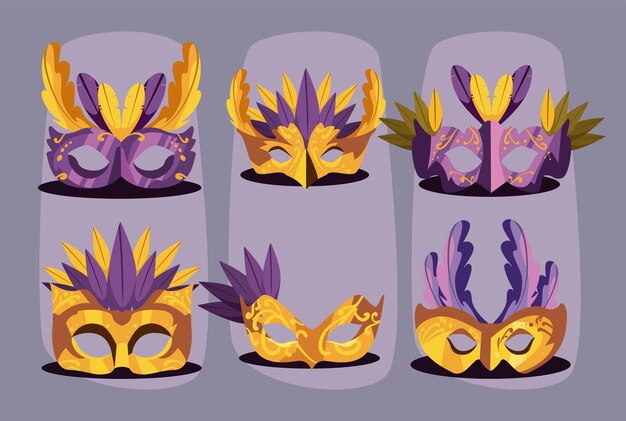 lot de six masques du mardi gras