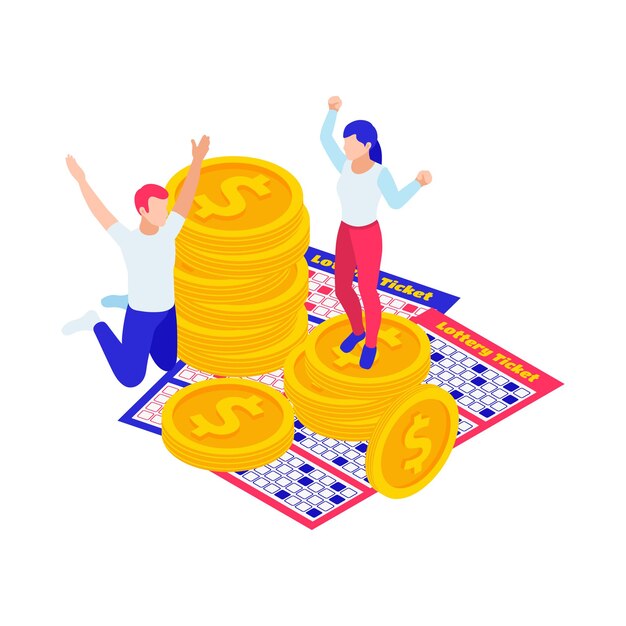 La loterie gagne une illustration isométrique avec des pièces de monnaie et des gens excités 3d