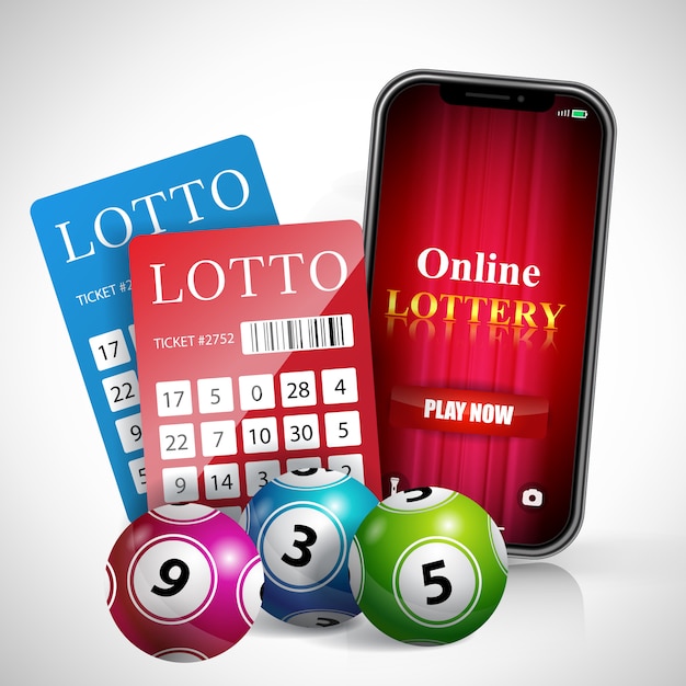 Vecteur gratuit la loterie en ligne joue maintenant le lettrage sur l'écran du smartphone, les tickets et les balles.
