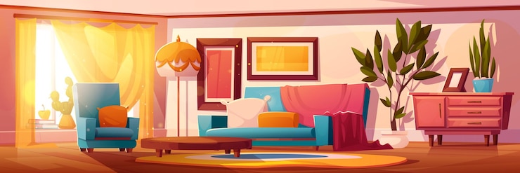 Vecteur gratuit lounge dessin animé intérieur de la salle de séjour