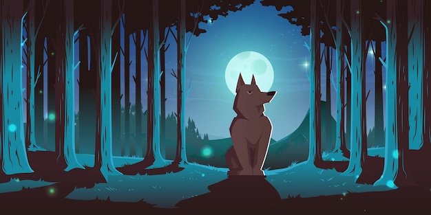 Loup assis dans la forêt la nuit. illustration de dessin animé de vecteur de paysage d'été avec des bois de conifères, des pins, des montagnes à l'horizon, des animaux sauvages et la pleine lune dans le ciel