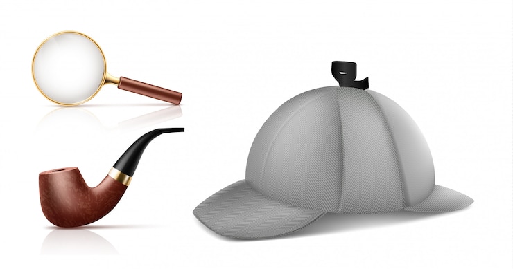 Vecteur gratuit loupe vintage, pipe de tabac à fumer rétro et deerstalker cap 3d icônes vectorielles réalistes s